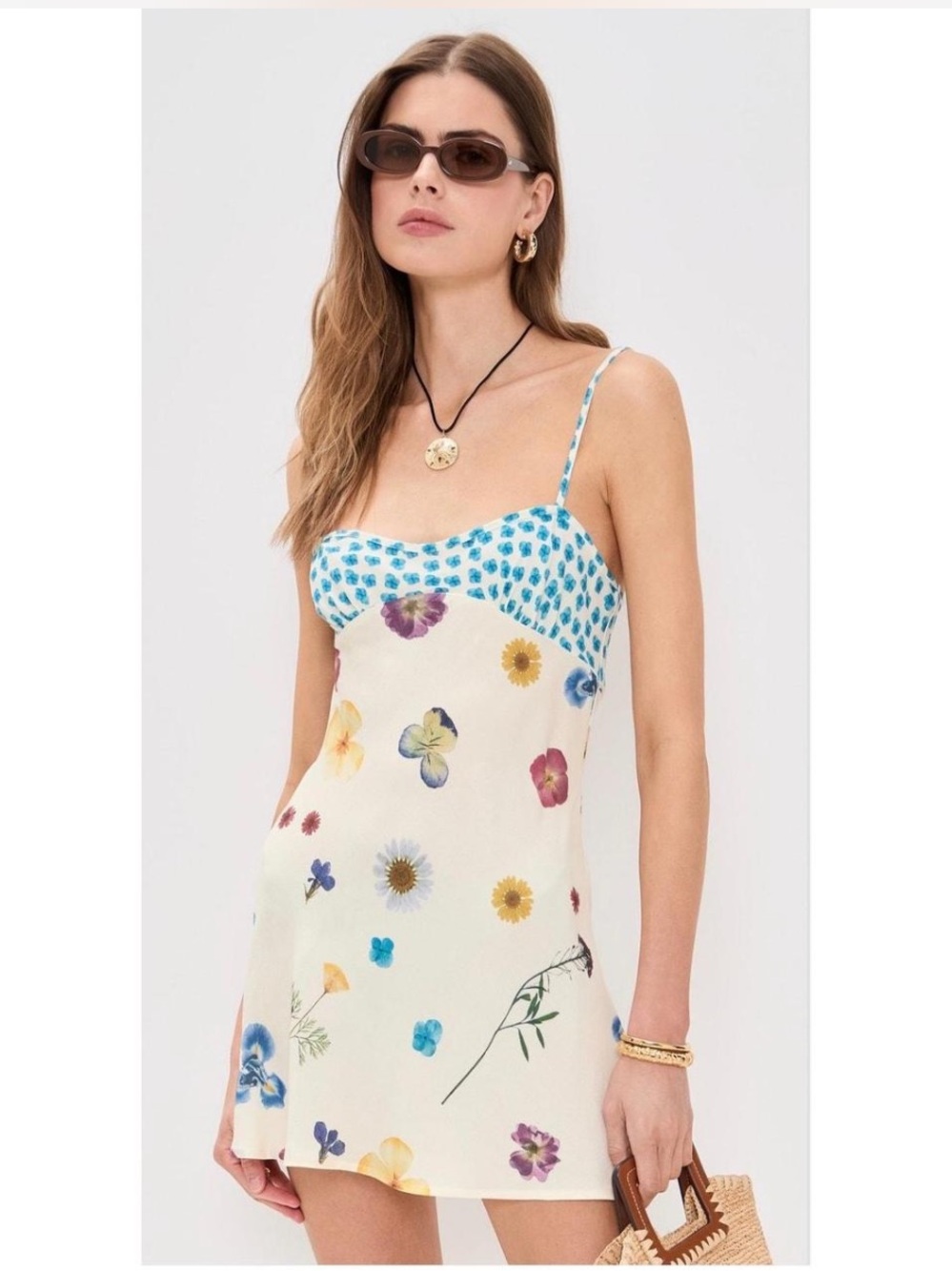 VRG GRL Floral Slip Mini Dress in Cream with Multicolor Blooms